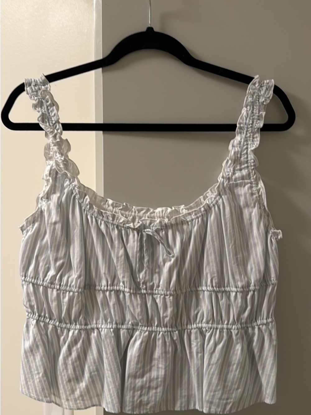 Sunday Best White and Light Blue Striped Ruffle Tank
